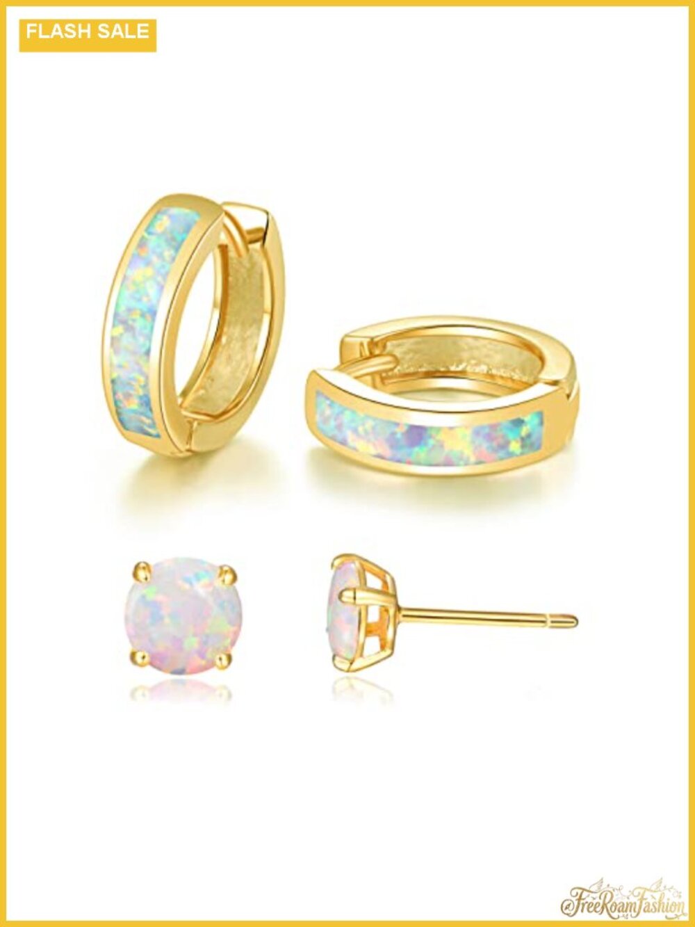 Opal Huggie Hoop Earrings Set Gold Plated Hypoallergenic Small Hinged Hoops for